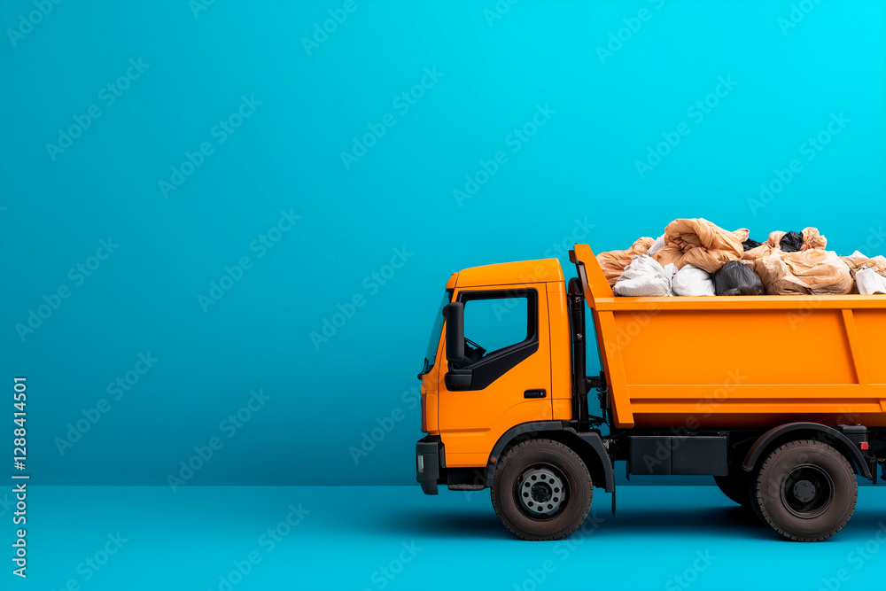 Fototapeta premium Pollution and waste crisis concept featuring an orange garbage truck overloaded with trash bags. Represents challenges of waste disposal, environmental impact, and urban waste.