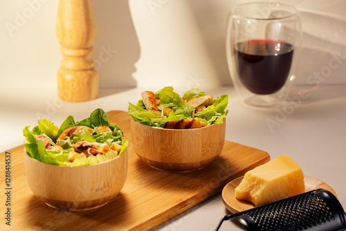 bowls of caesar salad with a cup of wine or grape juice in the back