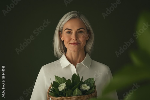 Smiling woman with gray hair holds fresh plants against dark gre