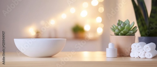 Serene Wellness Display Cream Wooden Vanity with Potted Succulent and Cotton Rolls in Luxurious Bathroom - Tranquil Marketing for Spa and Home Self-Care Decor photo