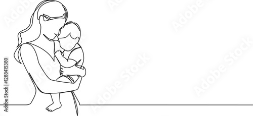 continuous single line drawing of mother holding young child on her arm, line art vector illustration