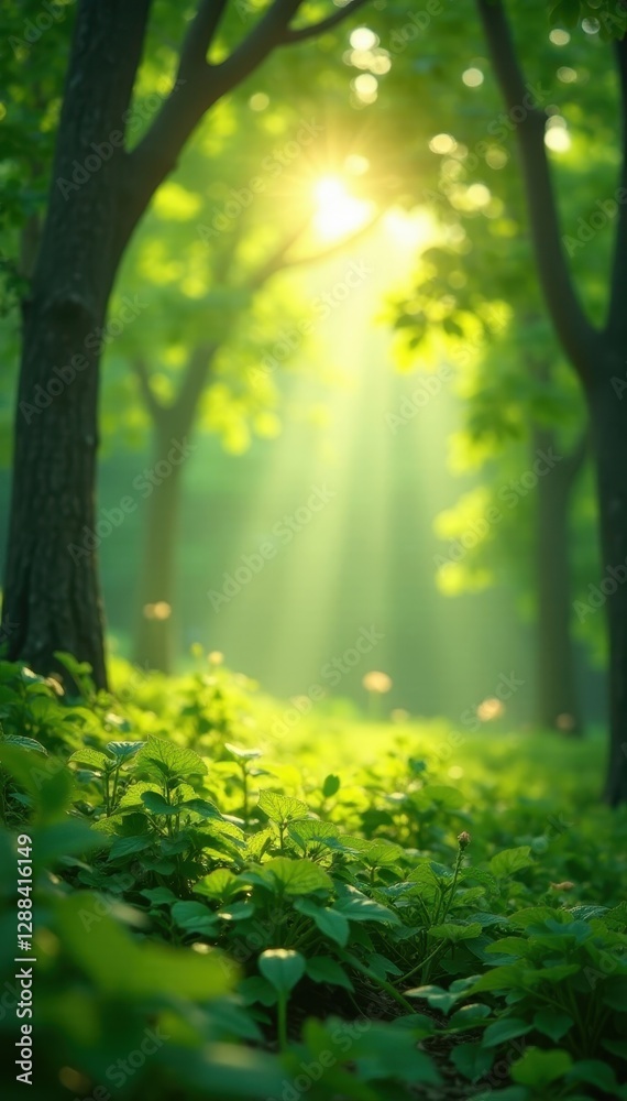 Fototapeta premium Sunbeams through lush green foliage, soft bokeh, spring, foliage, tranquil