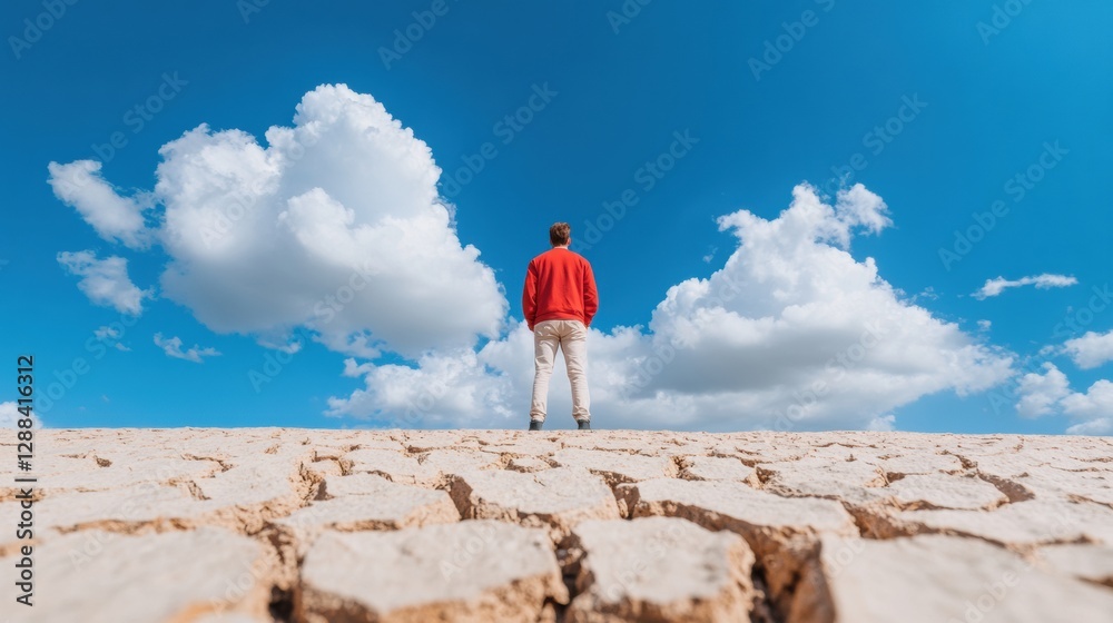 Obraz premium Eco-Conscious Landscape Dramatic Drought Terrain and Figure Under Dynamic Sky - Climate Change Visual Content for Environmental Advocacy and Education