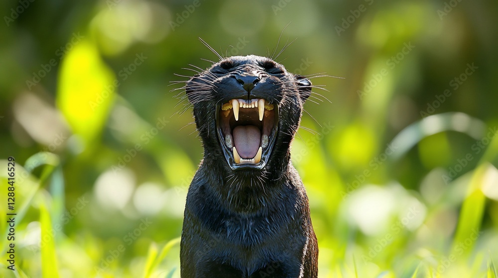 Obraz premium Yawning black panther in lush green jungle