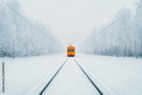 Wallpaper Mural Minimalist Nordic Aesthetic Vibrant Yellow Train in Snow-Covered Forest - Tourism Marketing Content and Winter Expedition Promotion for Travel Industry Torontodigital.ca