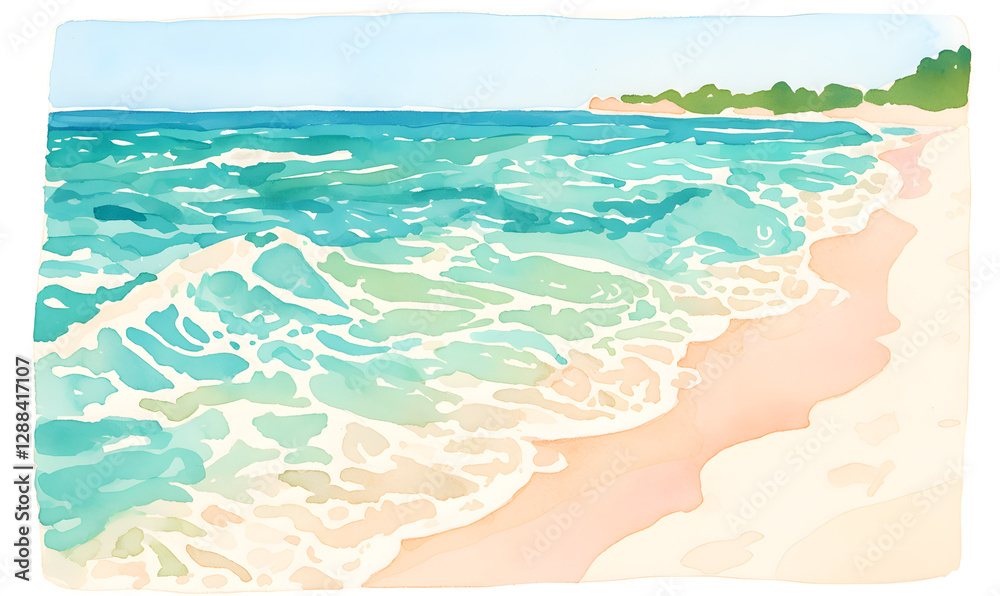 Obraz premium watercolor, A breathtaking view of a turquoise sea meeting a pristine white sandy beach, Generative AI