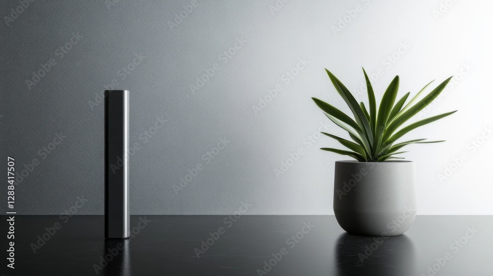 Vaping device on a dark surface with a small potted plant. Featuring sleek modern design and peace Vaping device on a dark surface with a small potted plant. Featuring sleek modern design and peace