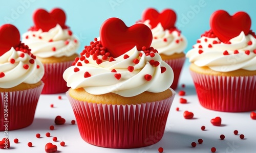 Heartdecorated cupcakes with red sprinkles and white frosting photo