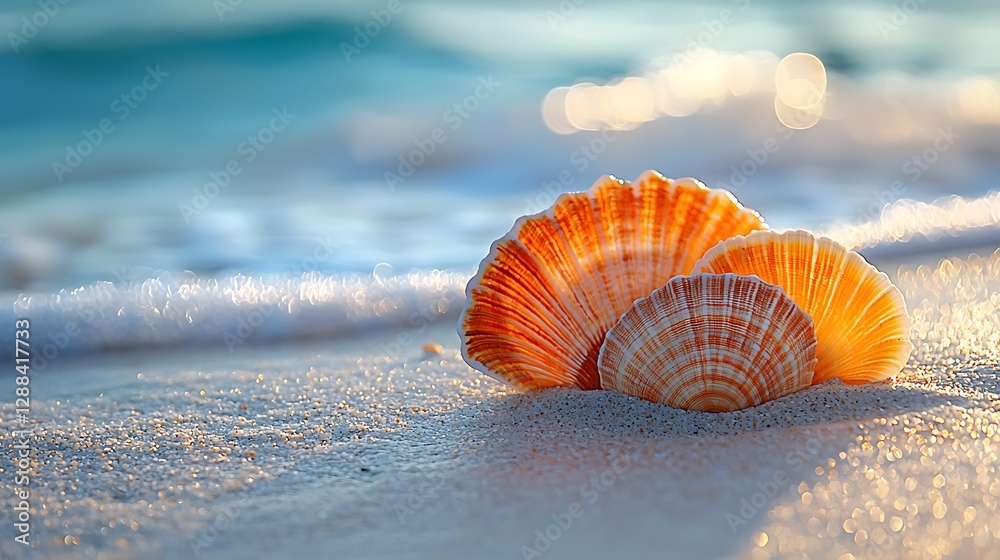 Seashells on beach at sunrise, beautiful seascape, nature scene, travel Seashells on beach at sunrise, beautiful seascape, nature scene, travel