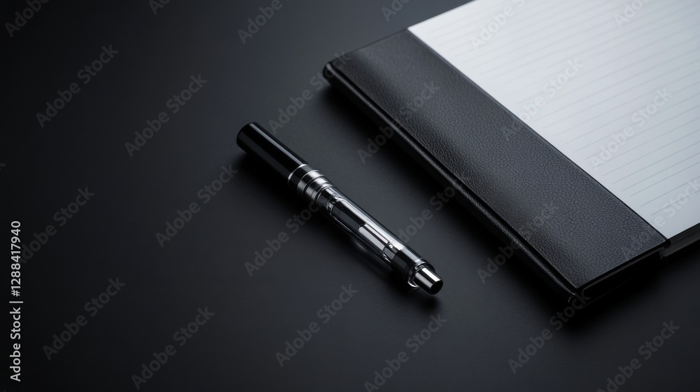 Vaping device on a dark table with a minimalist notebook beside it. Featuring elegance and simplicity Vaping device on a dark table with a minimalist notebook beside it. Featuring elegance and simplicity