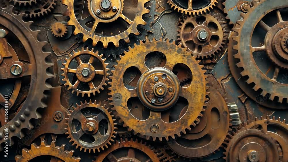 A tapestry of interlocking gears spinning in perfect harmony, showcasing the intricate mechanics of a vintage clockwork design