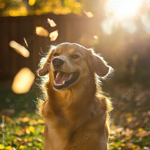 A dog joyfully playing in golden backyard light, soft leaves rustling in the breeze, tranquil and dreamy outdoor setting.