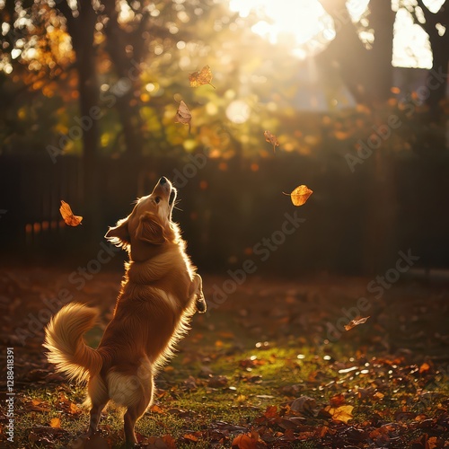 A dog joyfully playing in golden backyard light, soft leaves rustling in the breeze, tranquil and dreamy outdoor setting.