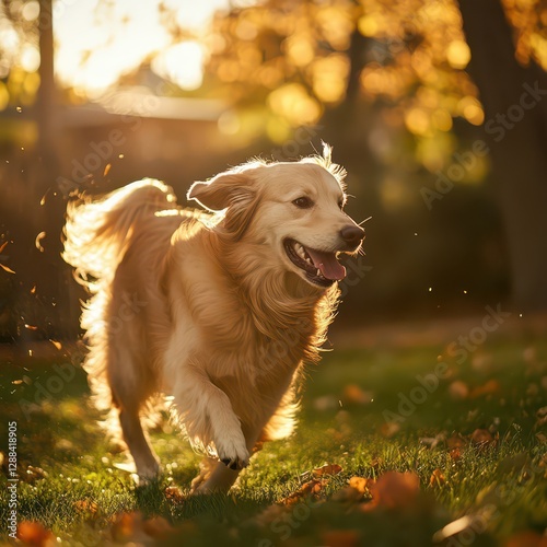A dog joyfully playing in golden backyard light, soft leaves rustling in the breeze, tranquil and dreamy outdoor setting.