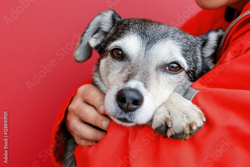 Heartening Rescue Narrative Middle-Aged Worker in Eco-Rescue Gear Comforts Collared Dog - Inspiring Animal Welfare Imagery and Emergency Response Education photo