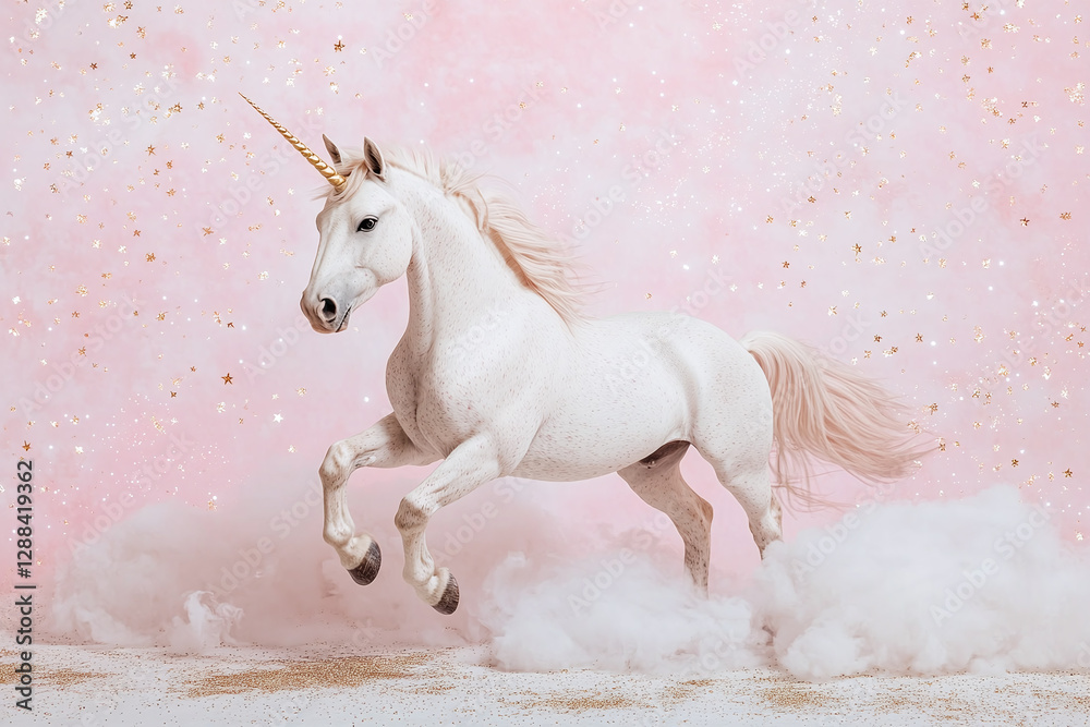 Fototapeta A soft unicorn silhouette drawn in pastel colors (pink, lavender, and baby blue) in the background. The soft glow of rainbow sparkles surrounds the silhouette, with a faint gold star shimmer in the to