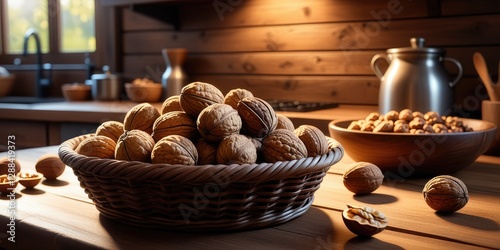 Cozy rustic kitchen with basket of walnuts and warm morning light photo