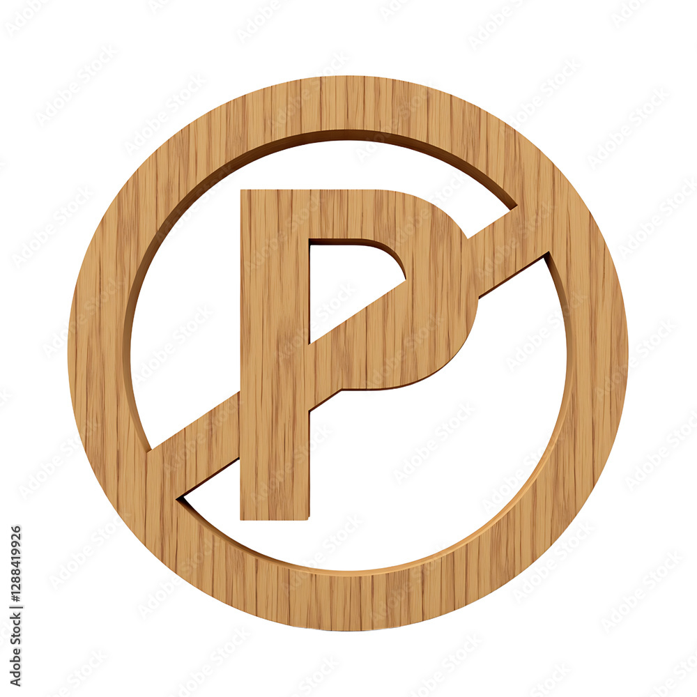 Wooden No Parking Sign Symbol with Diagonal Line on White Wooden No Parking Sign Symbol with Diagonal Line on White