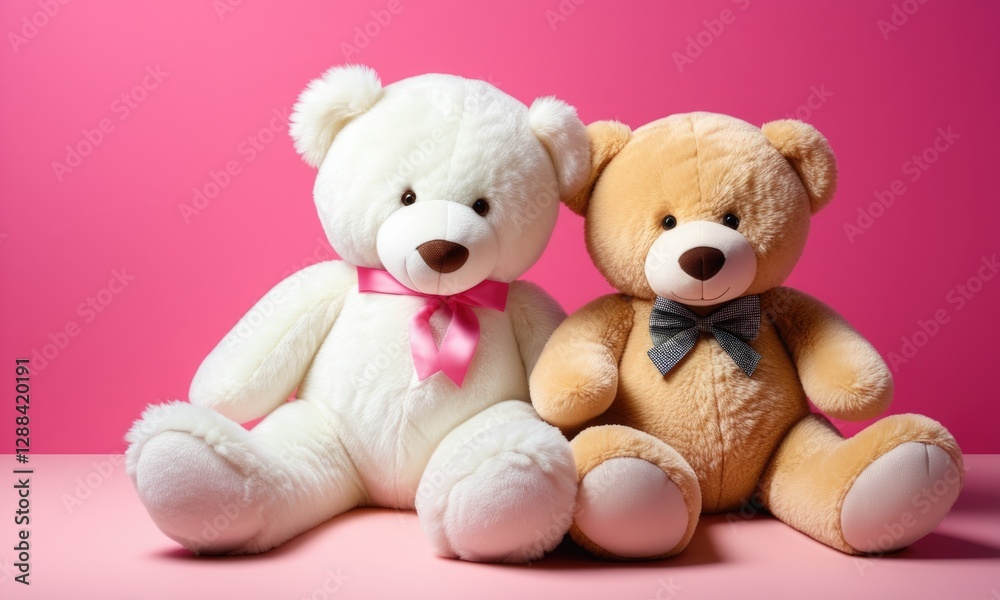 Pair of cute teddy bears with bows on pink background Pair of cute teddy bears with bows on pink background