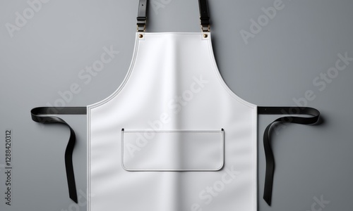 Sleek white apron with black straps on gray background for kitchen or workshop photo