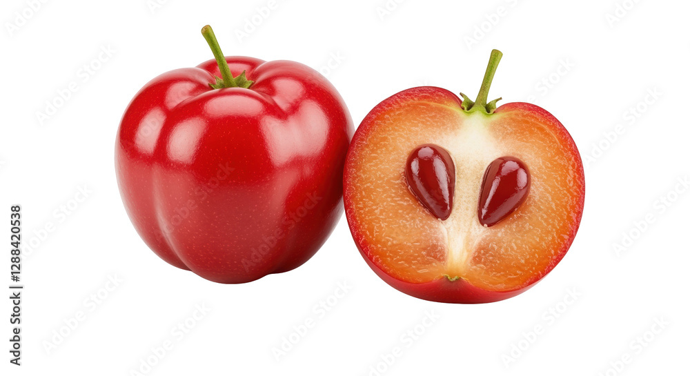 Fototapeta premium Acerola Cherry Still Life Fresh and Cut Fruit on Black Background