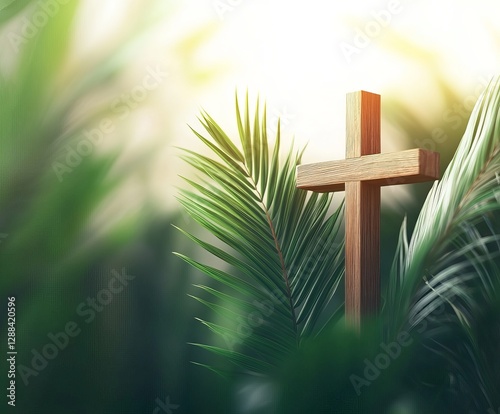 Wallpaper Mural Serene Palm Sunday: Wooden Cross Nestled Amongst Lush Palm Leaves, a Symbol of Faith and Tranquility, Perfect for Religious and Spiritual Designs,     Torontodigital.ca