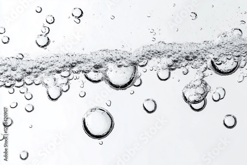 Bubbles rising in clear liquid against a white background, showcasing their serene movement and delicate forms photo