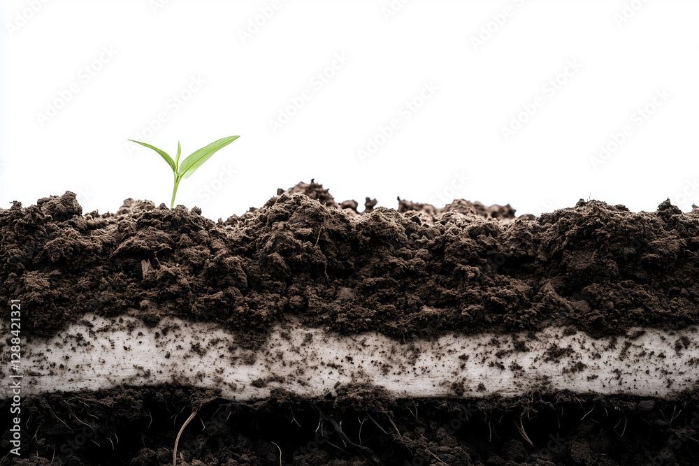 Soil layers with a small green sprout emerging against a white background Soil layers with a small green sprout emerging against a white background