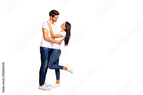 Full body photo of amazing pair slow dancing at prom night party looking eyes wear casual outfit isolated yellow color background