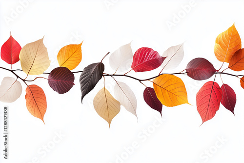 Colorful autumn leaves suspended mid-fall with motion blur against a white background
