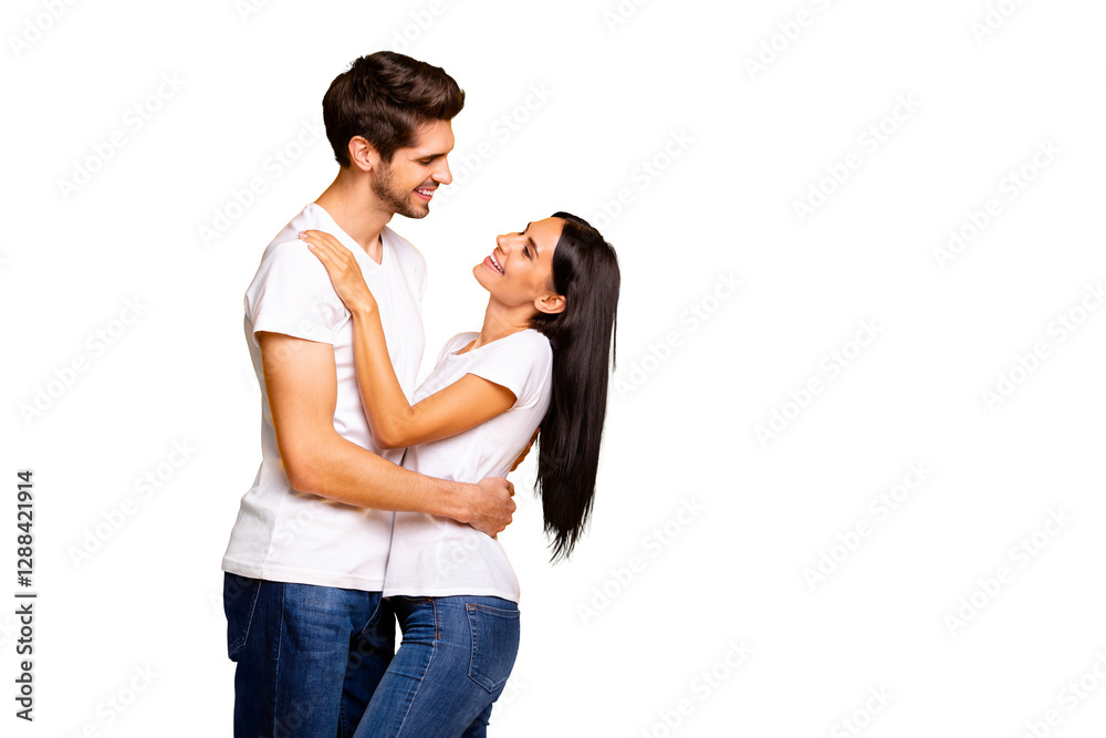 Photo of adorable pair slow dancing at prom night party looking eyes wear casual outfit isolated yellow color background Photo of adorable pair slow dancing at prom night party looking eyes wear casual outfit isolated yellow color background