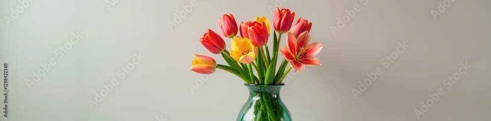 Mirror image tulip & lily arrangement, sleek modern vase, bloom, symmetrical, elegant Mirror image tulip & lily arrangement, sleek modern vase, bloom, symmetrical, elegant