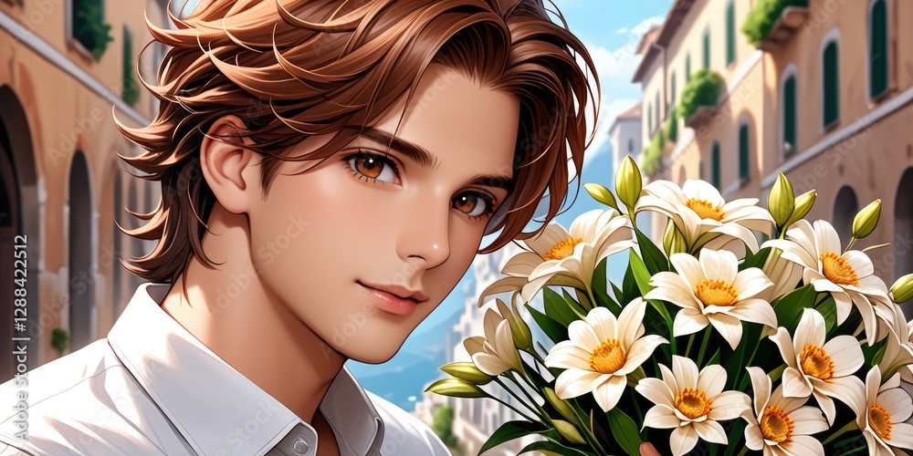 Naklejka premium Handsome young man with daisies standing on a sunny street