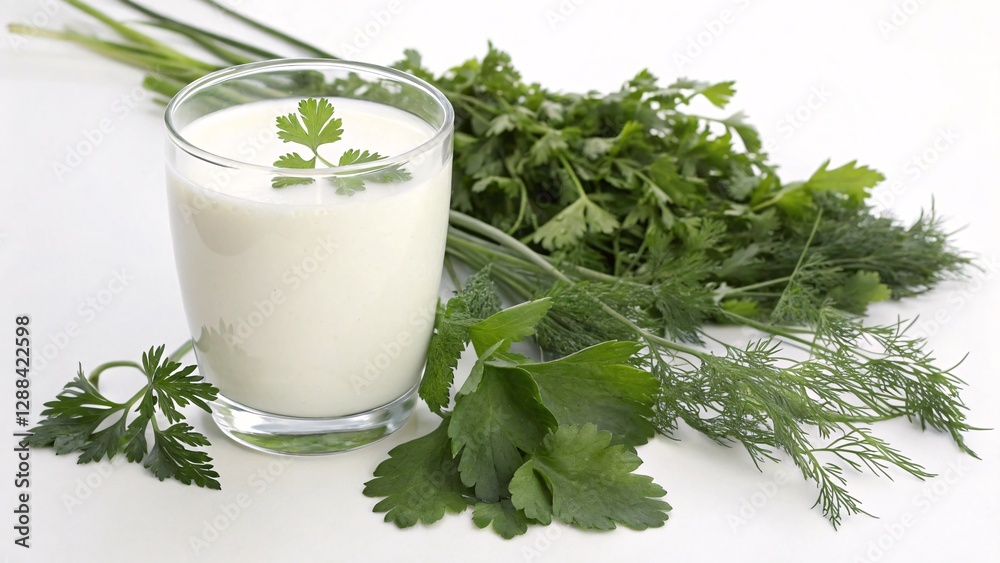 Glass of Milk with Fresh Herbs on White Surface Glass of Milk with Fresh Herbs on White Surface