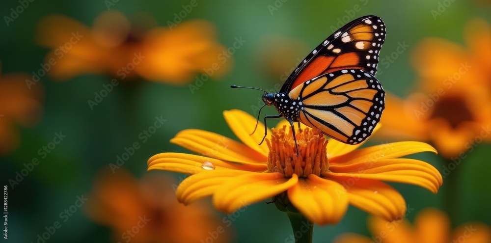 Fototapeta premium Monarch butterfly on bright orange coneflower, dew drops on petals , delicate, wings