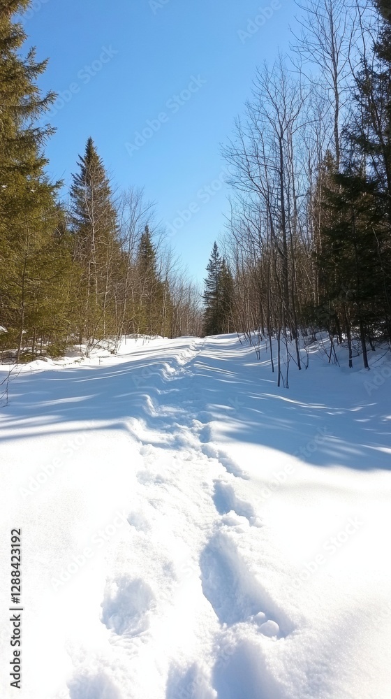 Winter Trail Beauty Sunlit Pathway Between Snow-Covered Pines - Nature Content for Outdoor Adventure and Eco-Tourism Promotion, Highlighting Solitude and Natural Harmony Winter Trail Beauty Sunlit Pathway Between Snow-Covered Pines - Nature Content for Outdoor Adventure and Eco-Tourism Promotion, Highlighting Solitude and Natural Harmony