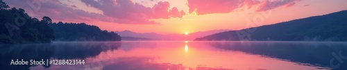 Pastel sunset hues paint the lake, tranquil and still, nature, scene