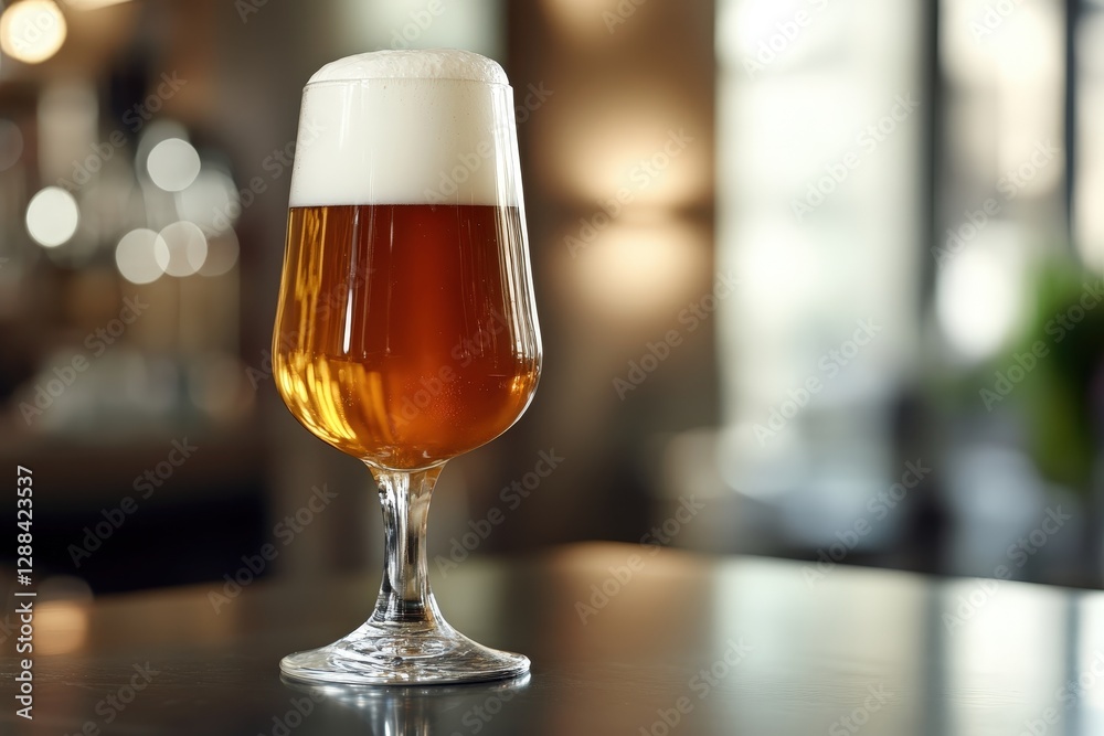 Glass of cold beer with foam sitting on bar counter in restaurant Glass of cold beer with foam sitting on bar counter in restaurant