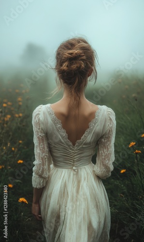 Wallpaper Mural Woman in a vintage dress walks through a foggy meadow filled with wildflowers Torontodigital.ca