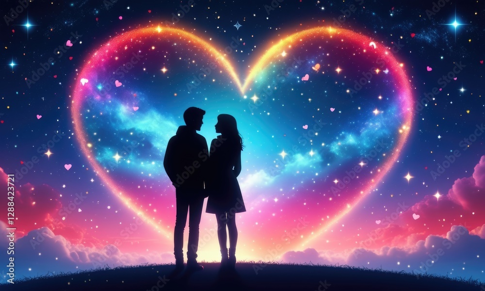 Fototapeta premium Romantic couple silhouetted against cosmic heartshaped sky filled with stars and vibrant colors