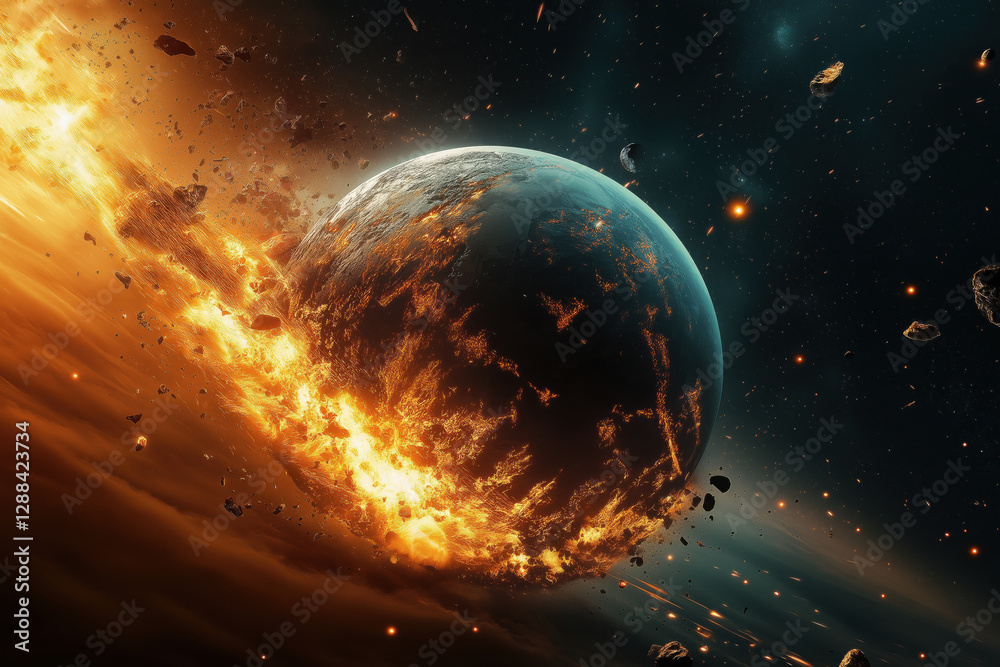 Fototapeta premium A meteorite crashes into planet Earth. Photo from space. Apocalypse, end of the world. Destruction of planet Earth