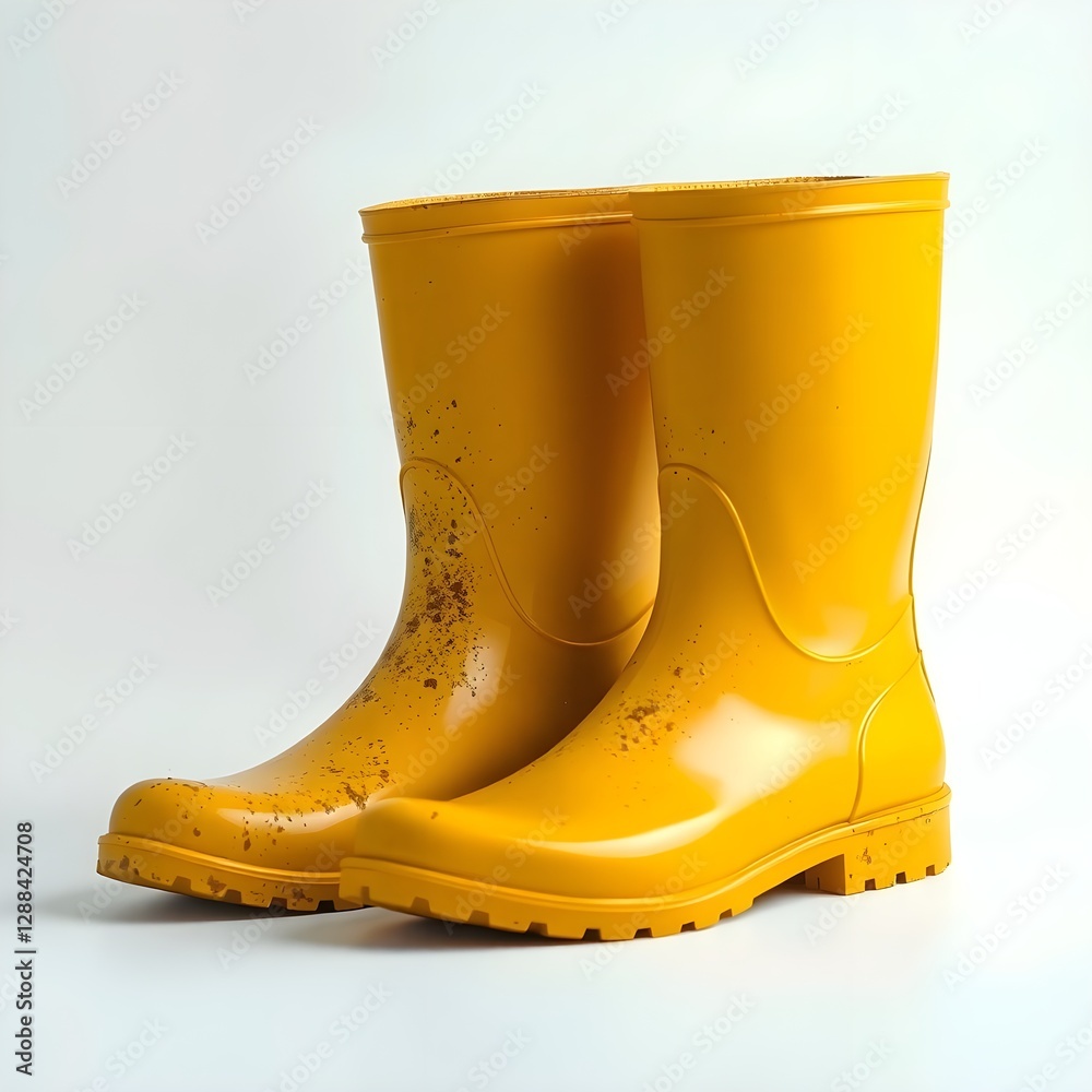 Yellow rubber boots isolated on white background. Wet dirty boots. Yellow rubber boots isolated on white background. Wet dirty boots.