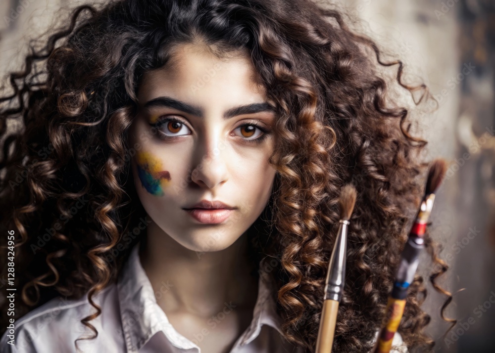 Fototapeta premium Creative expression teenage middle eastern girl with curly hair holding paintbrushes in an artistic studio setting