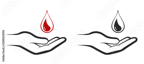 Blood drop in hand symbol design for donation awareness with red and black colors