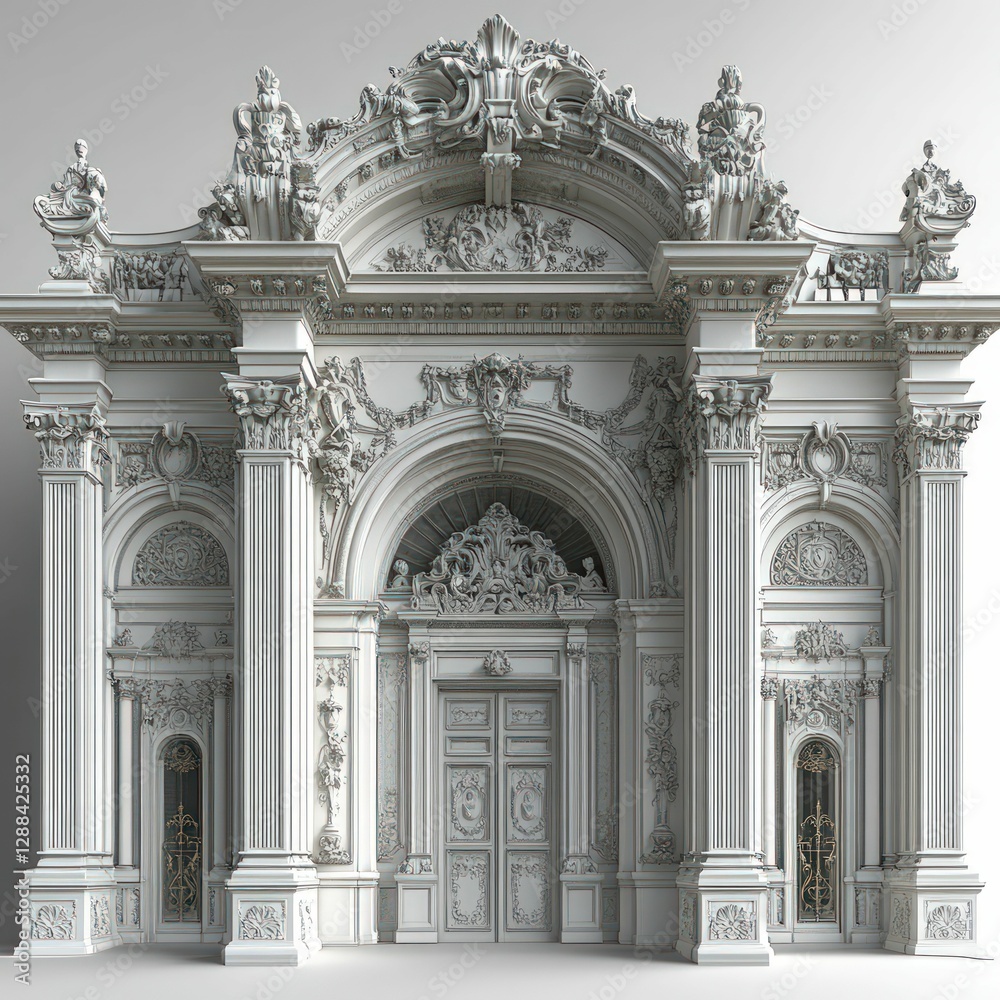 Ornate white palace entrance, grand baroque design. Ornate white palace entrance, grand baroque design.