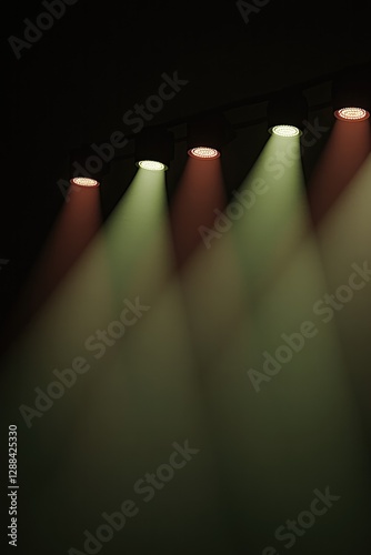 Illuminated beams create dramatic atmosphere with contrasting co
