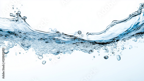 Crystal-clear water with bubbles isolated on a white background captured in bright light photo