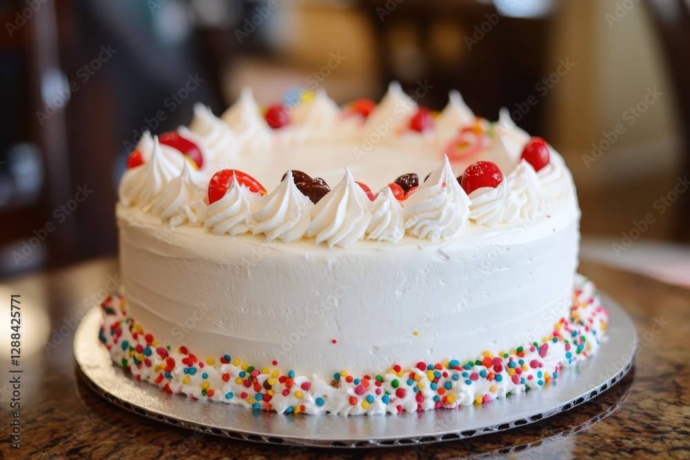 Delicious white frosted cake decorated with sprinkles and candy Delicious white frosted cake decorated with sprinkles and candy