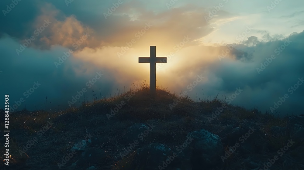 Silhouette cross on mountaintop at sunrise, peaceful scene Silhouette cross on mountaintop at sunrise, peaceful scene