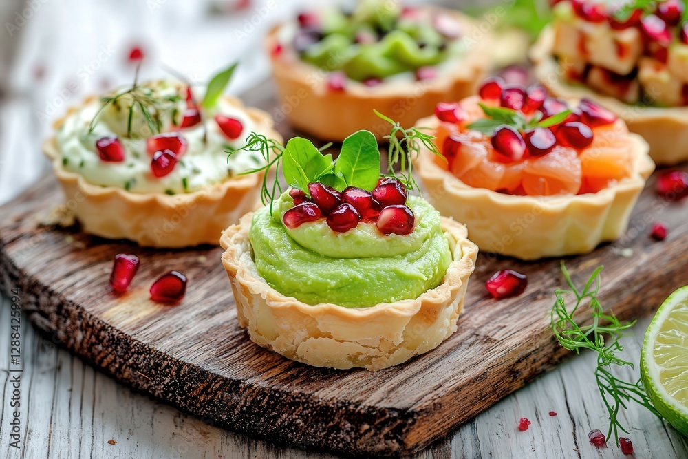 Three mini tartlets on a weathered wooden board: avocado lime mousse, cream cheese with salmon and pomegranate seeds, and kimchi with tofu and microgreens Three mini tartlets on a weathered wooden board: avocado lime mousse, cream cheese with salmon and pomegranate seeds, and kimchi with tofu and microgreens